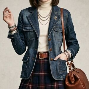 Tristan & Isolde Vintage Y2K Denim Blazer Jacket Size S Dark Wash 100% Cotton